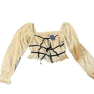 Cream Long Sleeve Crop Blouse with Puff Sleeves